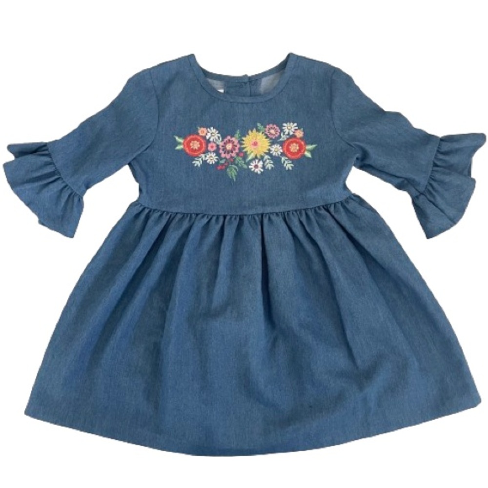 Bonnie Jean Denim Embroidered Baby Dress | Floral Long Ruffle Sleeve | 6M